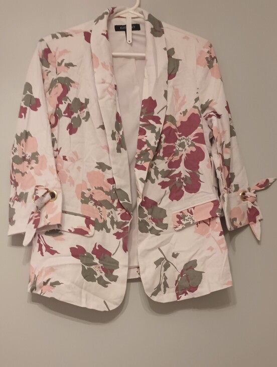 Ellen Tracy Jackets & Blazers - Ellen Tracy Floral Tie-Sleeve Blazer Jacket Linen White with Pink & Olive M